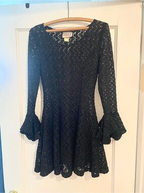 Vintage Contempo style Black Lace Fit & Flare Selene Dress with Bell Sleeves (4)